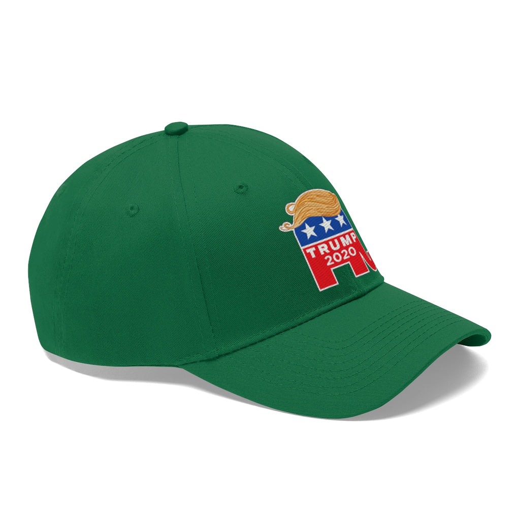 Hair 2020 Twill Baseball Cap Featuring Trump in green with embroidered design.
