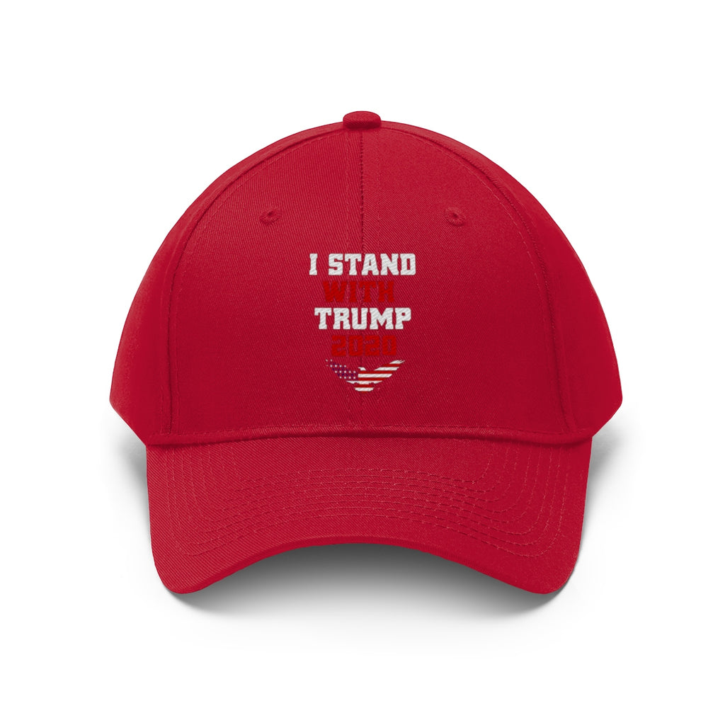 I Stand With Trump 2020 Twill Cap in red with bold text on the front.