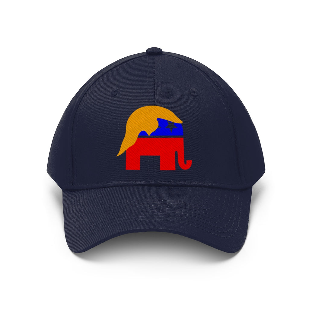 GOP Symbol With Trump Hair Twill Cap featuring the Republican elephant and Trump hairstyle on a navy cap.