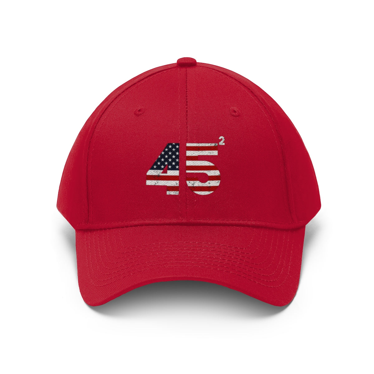 45 Squared Twill Cap Bold Numeric Statement Hat in red with a flag design on the front.