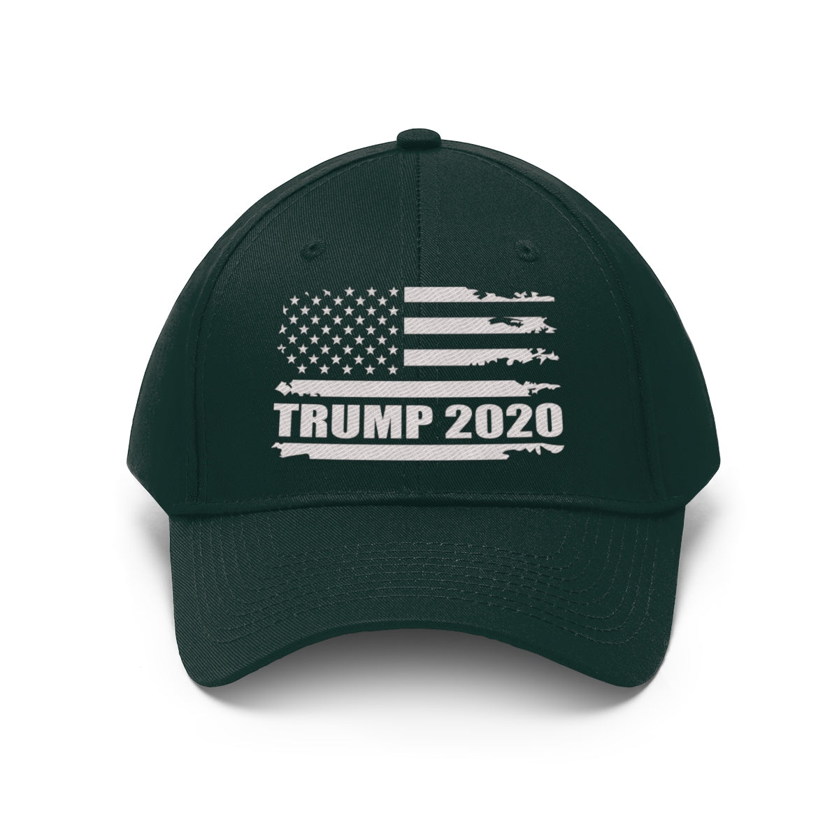 Trump 2020 Distressed American Flag Wht Ltrs Twill Cap - unisex cap with a distressed American flag design, perfect for outdoor use.