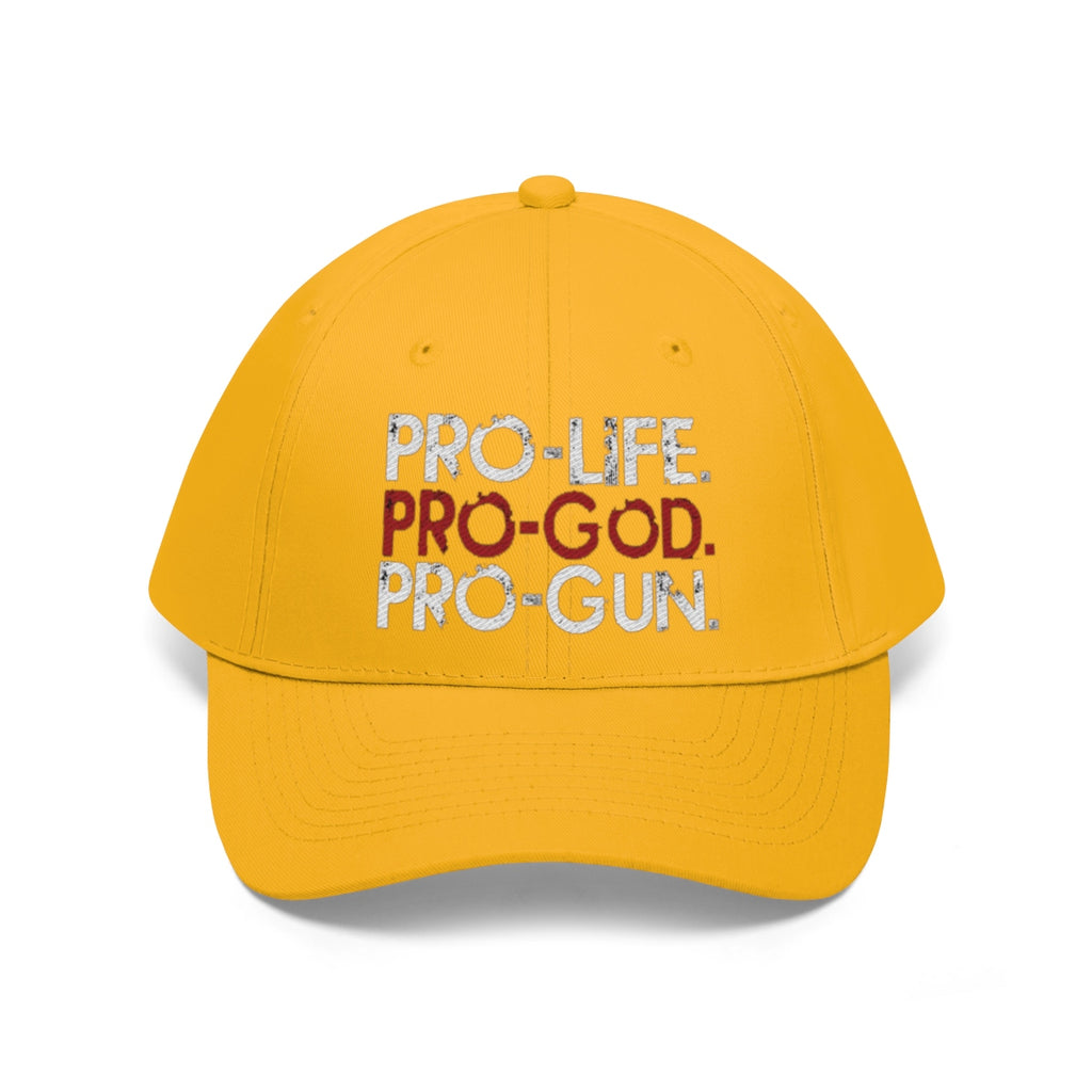 Pro-Life Pro-God Pro-Gun Cotton Twill Cap in vibrant yellow showcasing bold slogan.