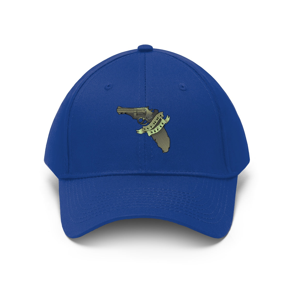 Florida The Gunshine State Twill Cap featuring a gun emblem on a blue cap.
