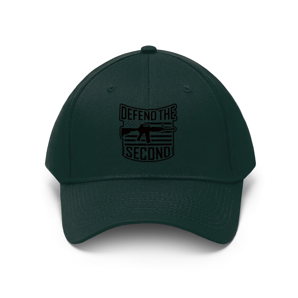 Defend the Second Patriotic Twill Cap showcasing a bold statement on a dark green hat.
