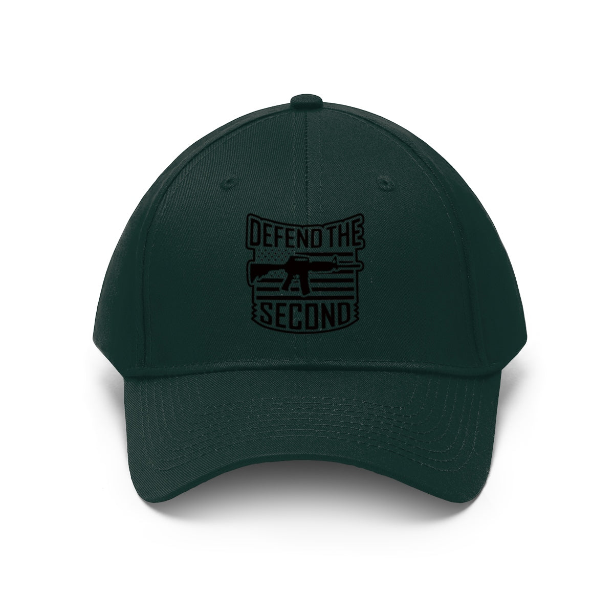 Defend the Second Patriotic Twill Cap showcasing a bold statement on a dark green hat.