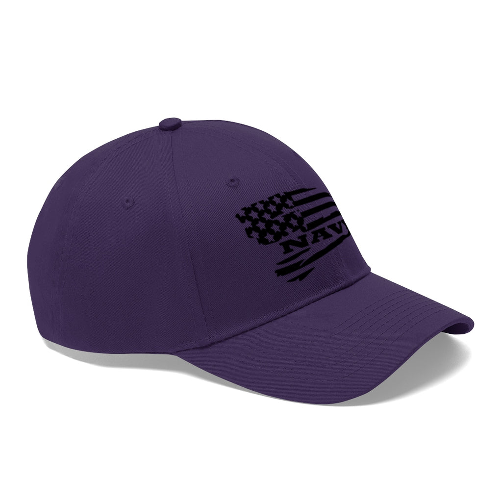 Navy On Distressed American Flag Twill Cap featuring a dark navy color and distressed American flag design.