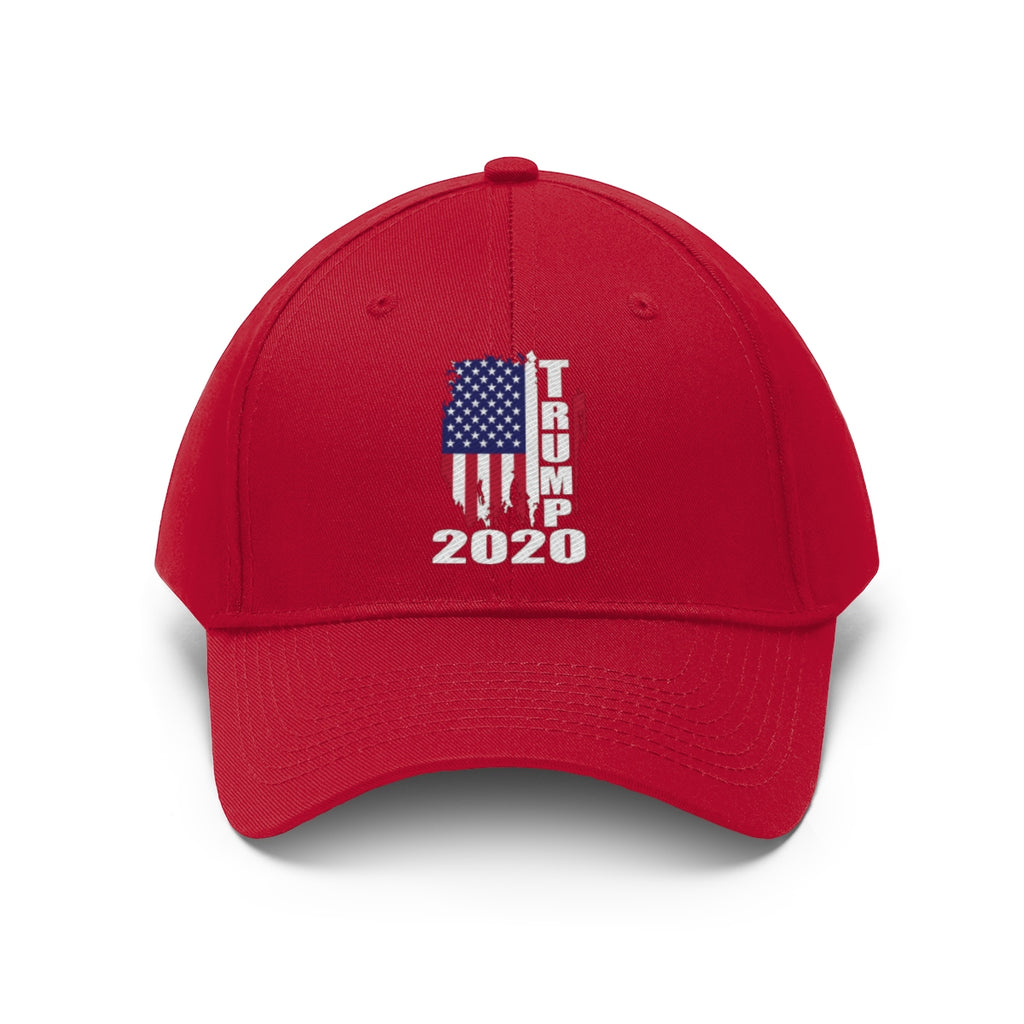 Vertical Distressed American Flag 2020 Trump Twill Cap featuring a red design and patriotic graphics.