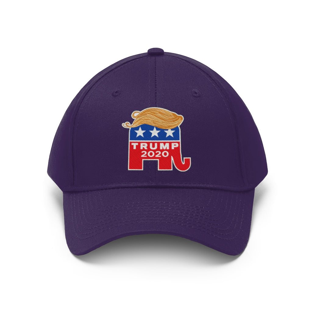 Hair 2020 Twill Baseball Cap Featuring Trump in purple with campaign logo and elephant design.