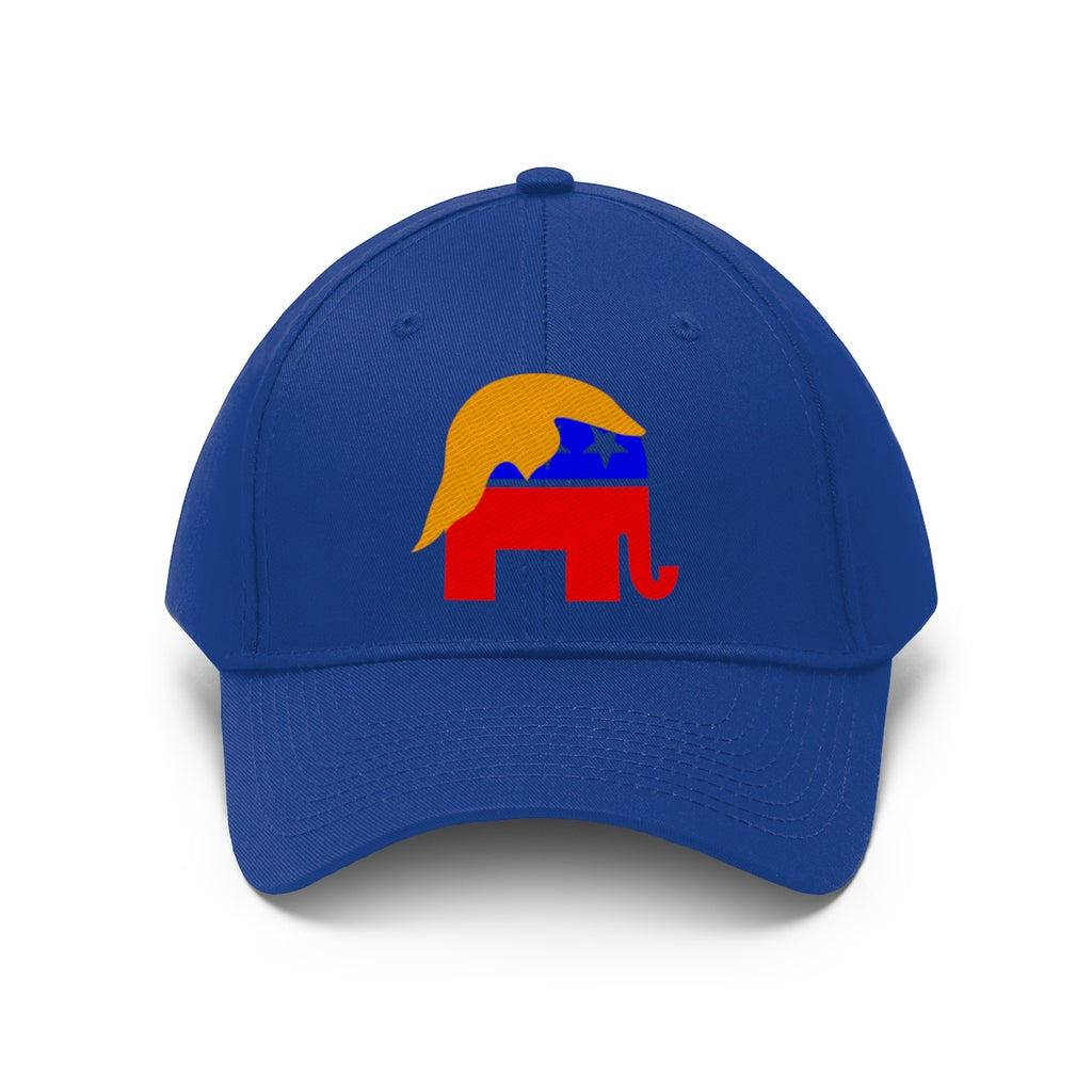 GOP Symbol With Trump Hair Twill Cap featuring an elephant design on a blue dad hat.