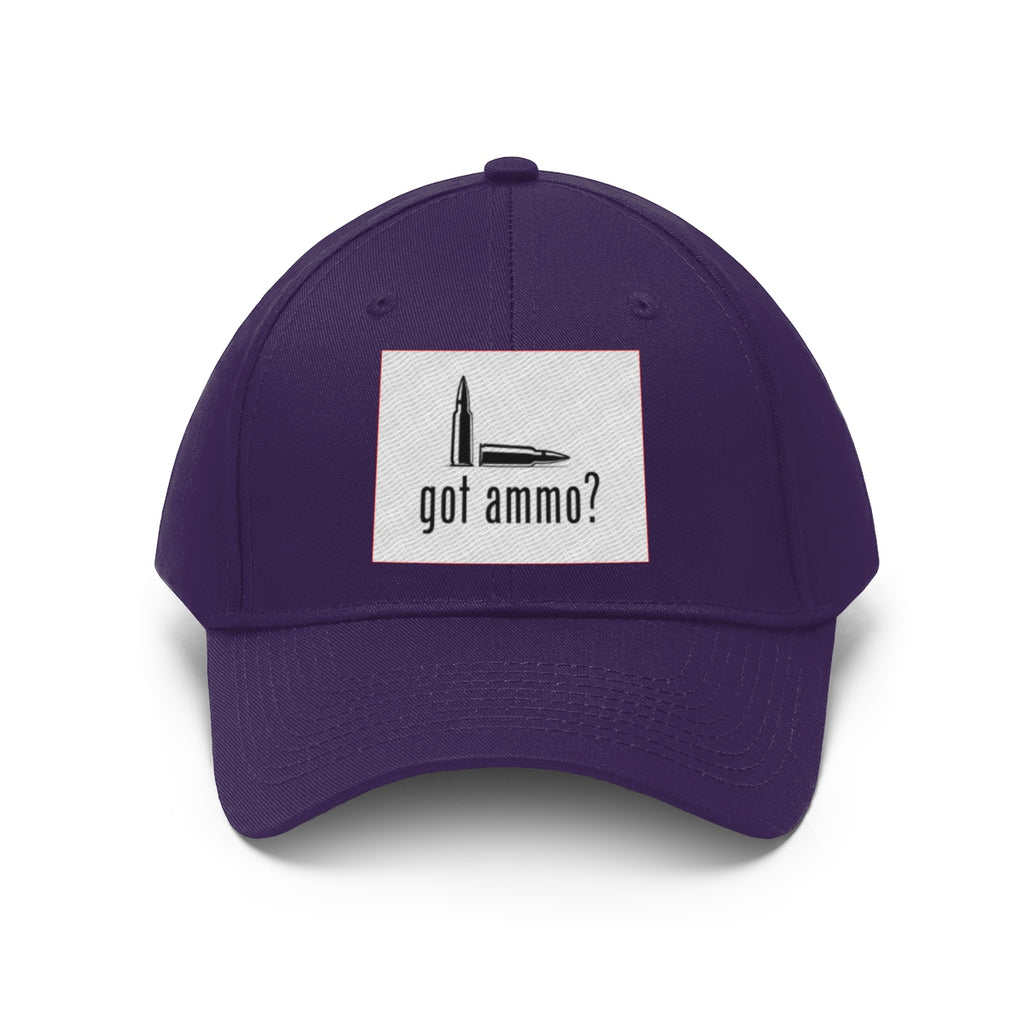 Got Ammo Twill Cap Funny Tactical Style Cap in purple with bullet graphic and text.