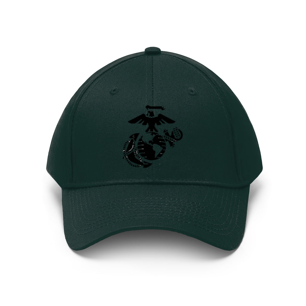 USMC Symbol Twill Cap Marine Corps Pride Hat featuring black USMC emblem on dark green cap.