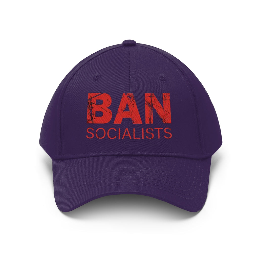Ban Socialists Twill Cap Bold Message Graphic Cap featuring bold red text on a purple background.