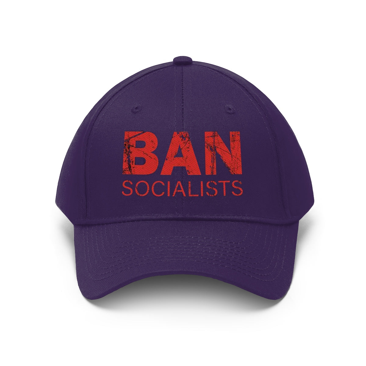 Ban Socialists Twill Cap Bold Message Graphic Cap featuring bold red text on a purple background.