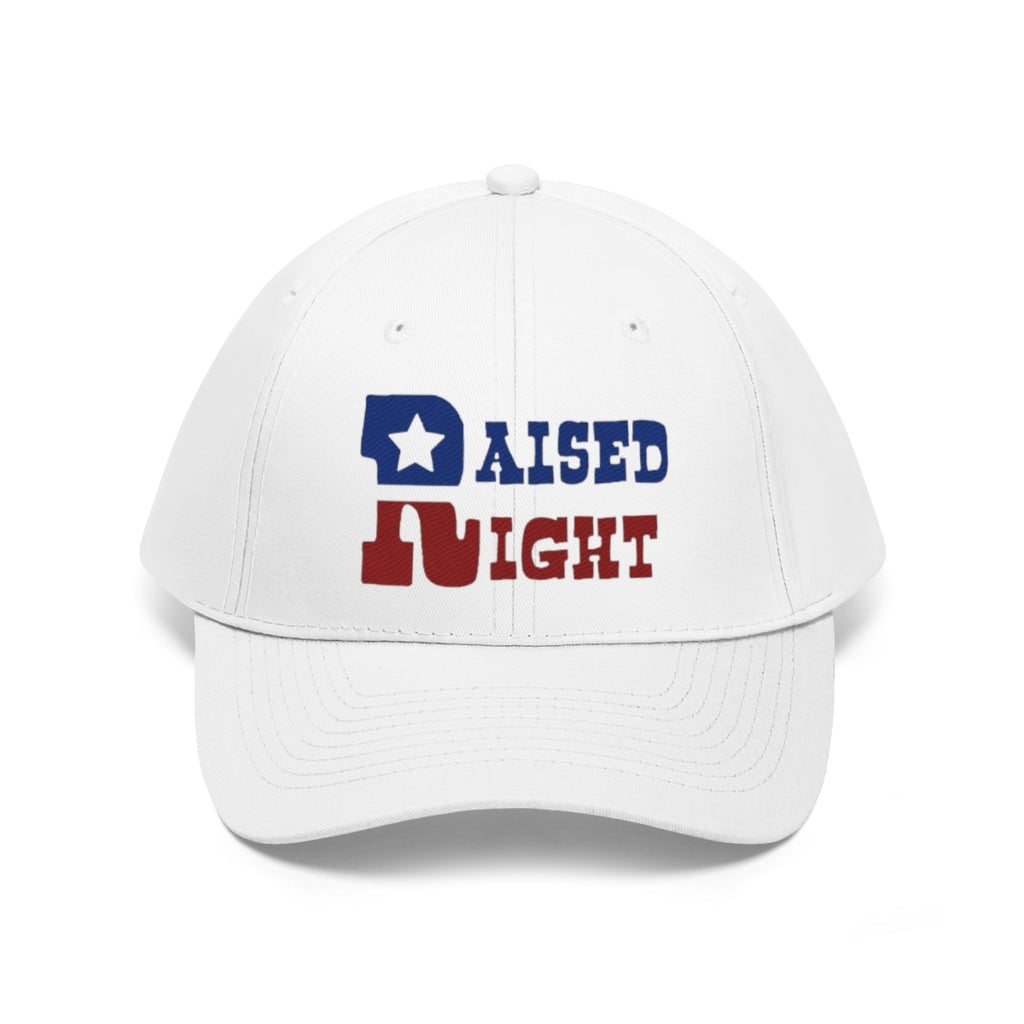 Raised Right Twill Cap Bold Values Casual Wear Cap in white with colorful text design.