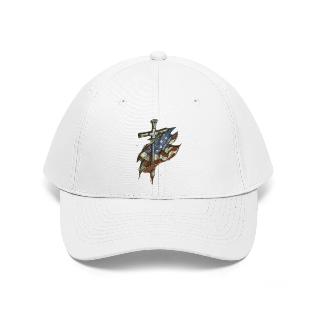 Dagger and Sword Embroidered Twill Cap featuring intricate weapon embroidery on a white cap.