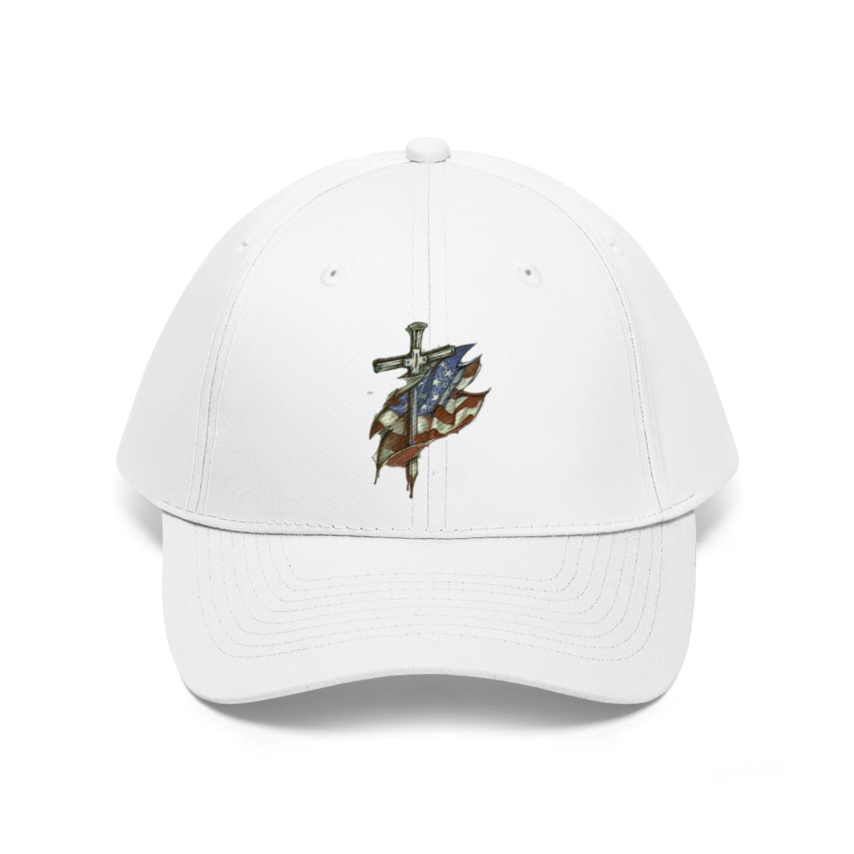 Dagger and Sword Embroidered Twill Cap featuring intricate weapon embroidery on a white cap.