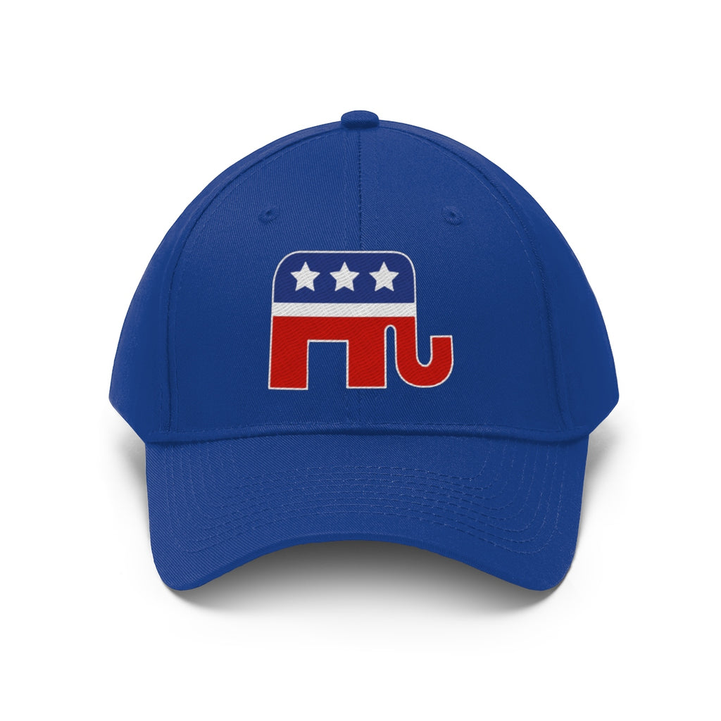 GOP Symbol Twill Cap Patriotic Political Graphic Cap featuring a blue design with an elephant emblem and three stars.
