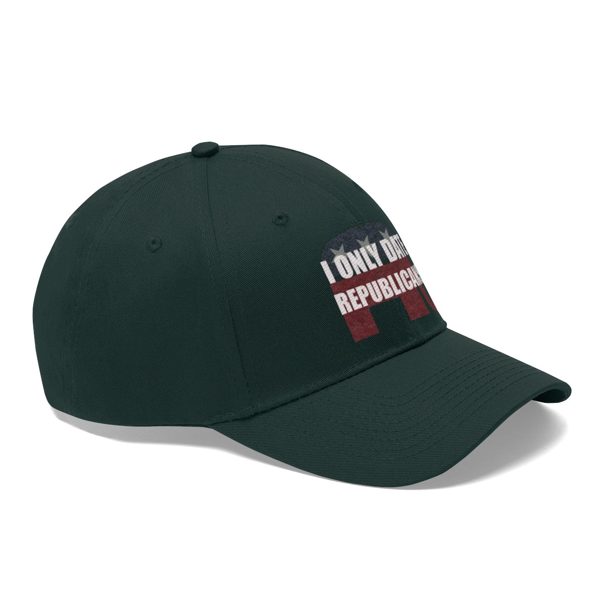 I Only Date Republicans Twill Cap displayed on a green baseball cap with bold text.
