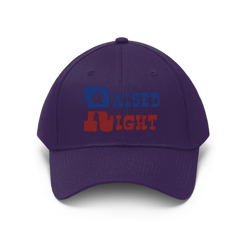 Raised Right Twill Cap Bold Values Casual Wear Cap in purple with bold graphic design.