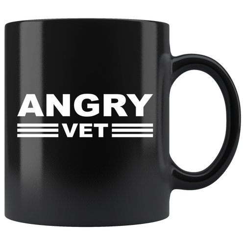 Angry Vet Respect The Service Mug in black ceramic, featuring bold white text design. Perfect for patriots honoring service members.