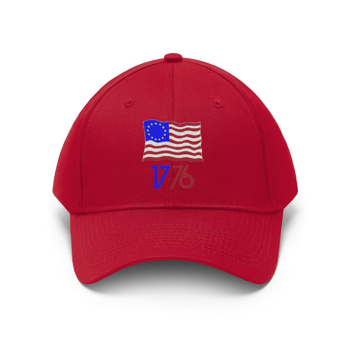 Red Betsy Ross Flag 1776 Twill Cap with embroidered American flag design and 1776 text.