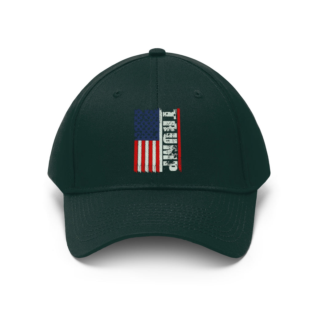 Trump On Verticle Distressed American Flag Twill Cap with a bold American flag design.