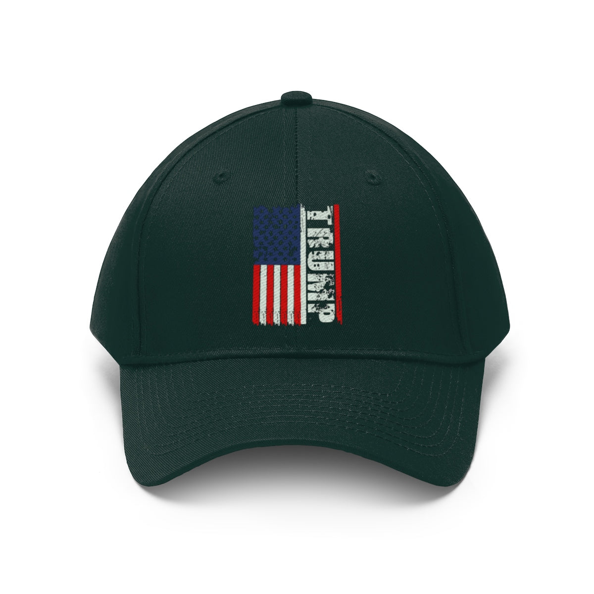 Trump On Verticle Distressed American Flag Twill Cap with a bold American flag design.
