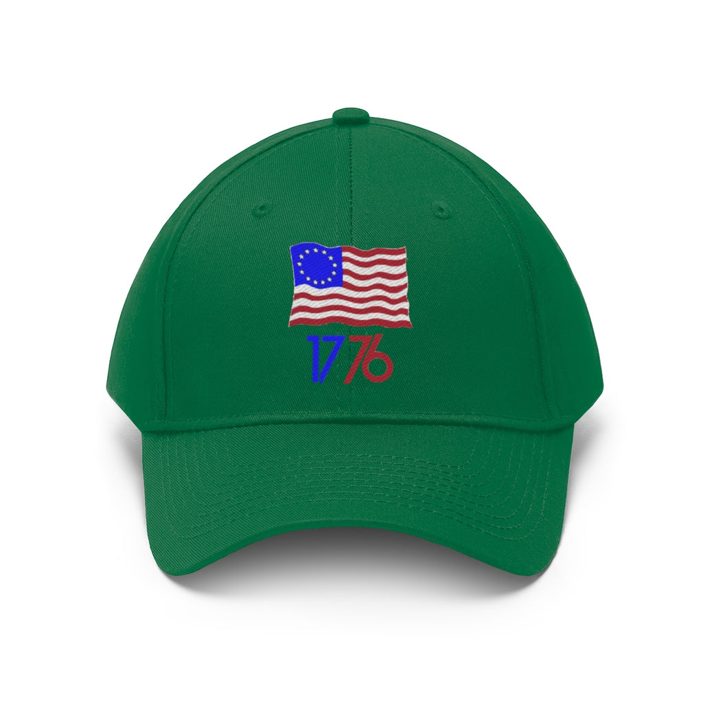 Green Betsy Ross Flag 1776 Twill Cap with embroidered American flag and '1776' design.