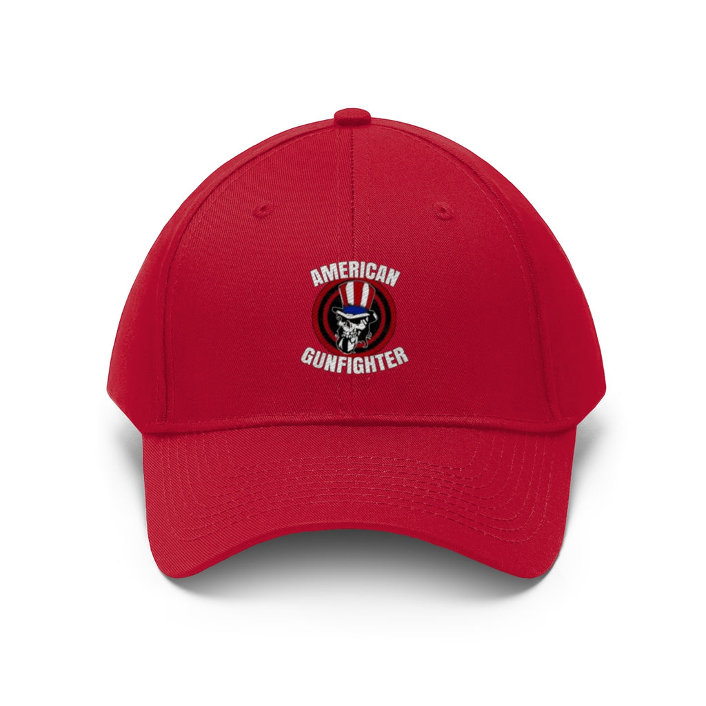 American Gunfighter Twill Cap Western Style Graphic Cap in red with embroidered logo, perfect for modern cowboys and firearms enthusiasts.