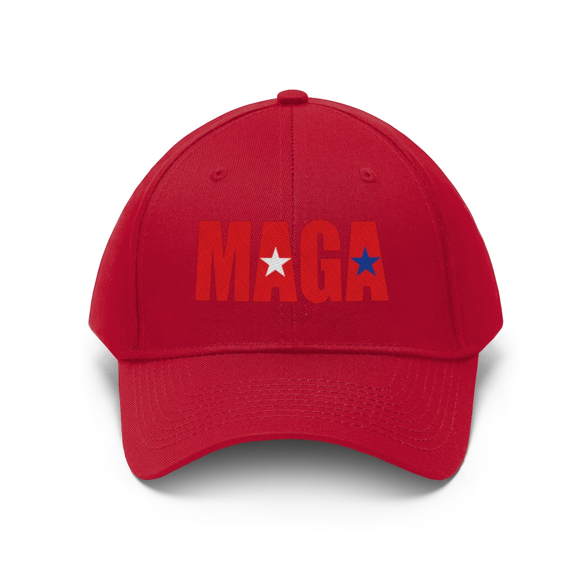 Embroidered MAGA Cotton Twill Cap Design featuring bold MAGA text on a red cap.