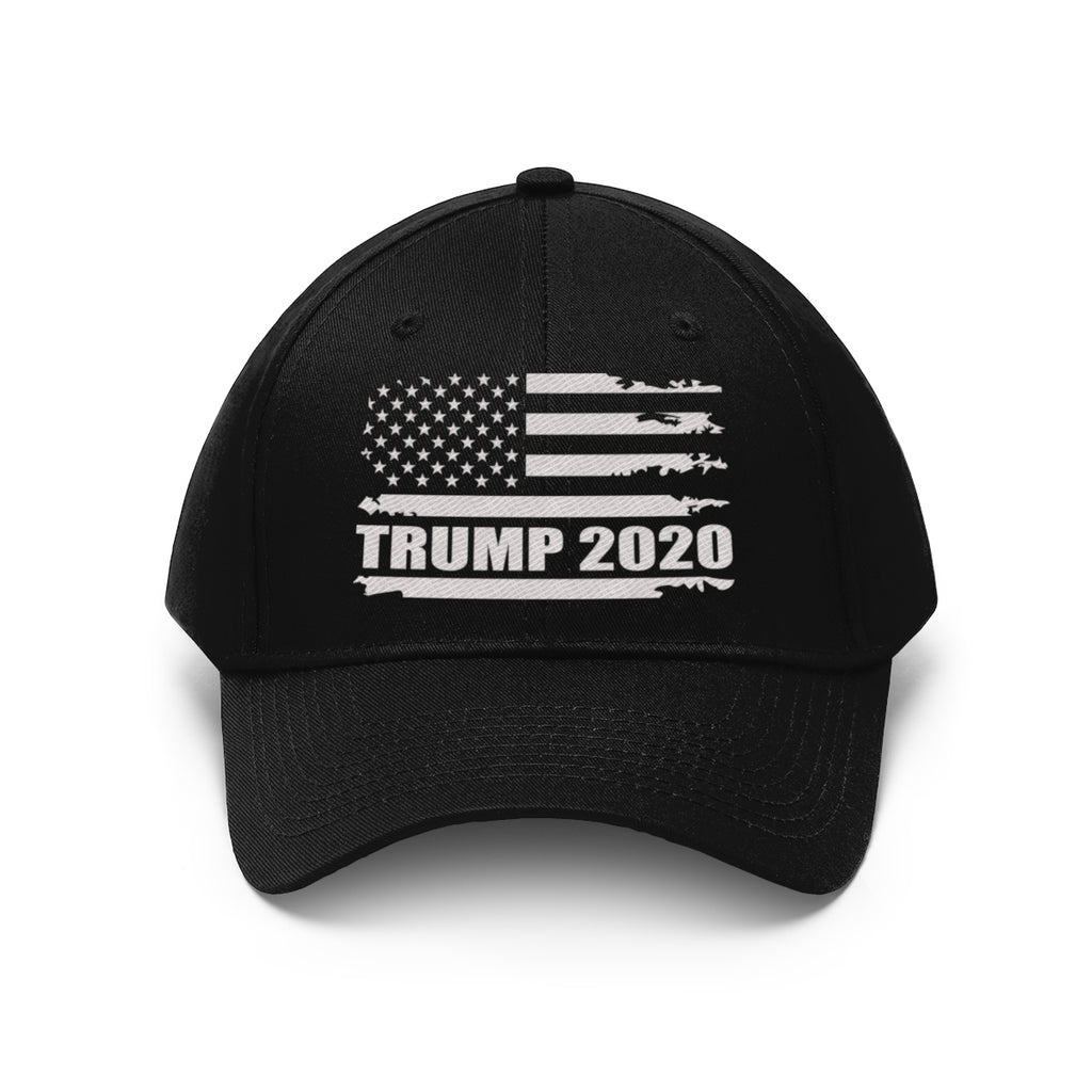 Trump 2020 Distressed American Flag Wht Ltrs Twill Cap displayed on a black baseball cap.