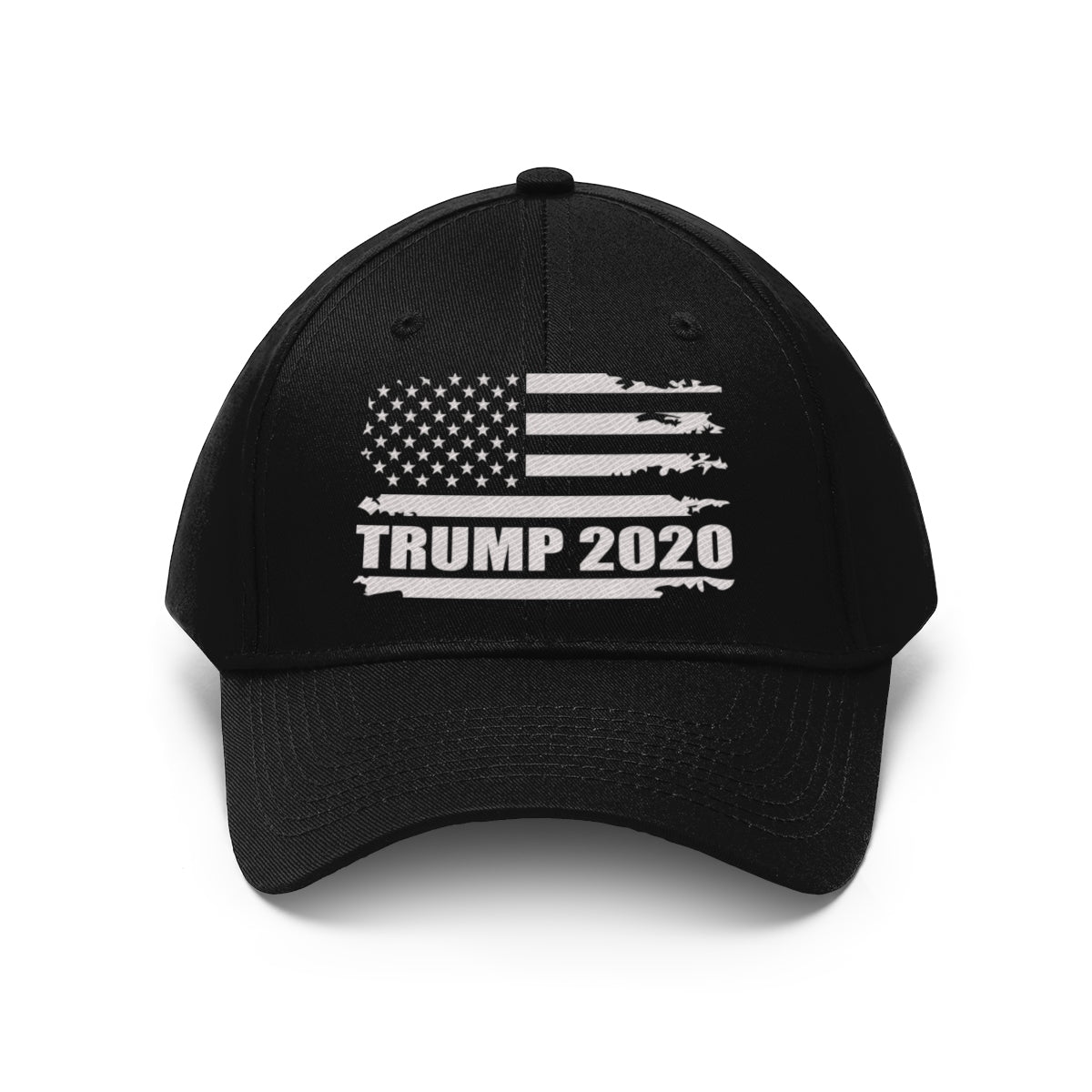 Trump 2020 Distressed American Flag Wht Ltrs Twill Cap displayed on a black baseball cap.