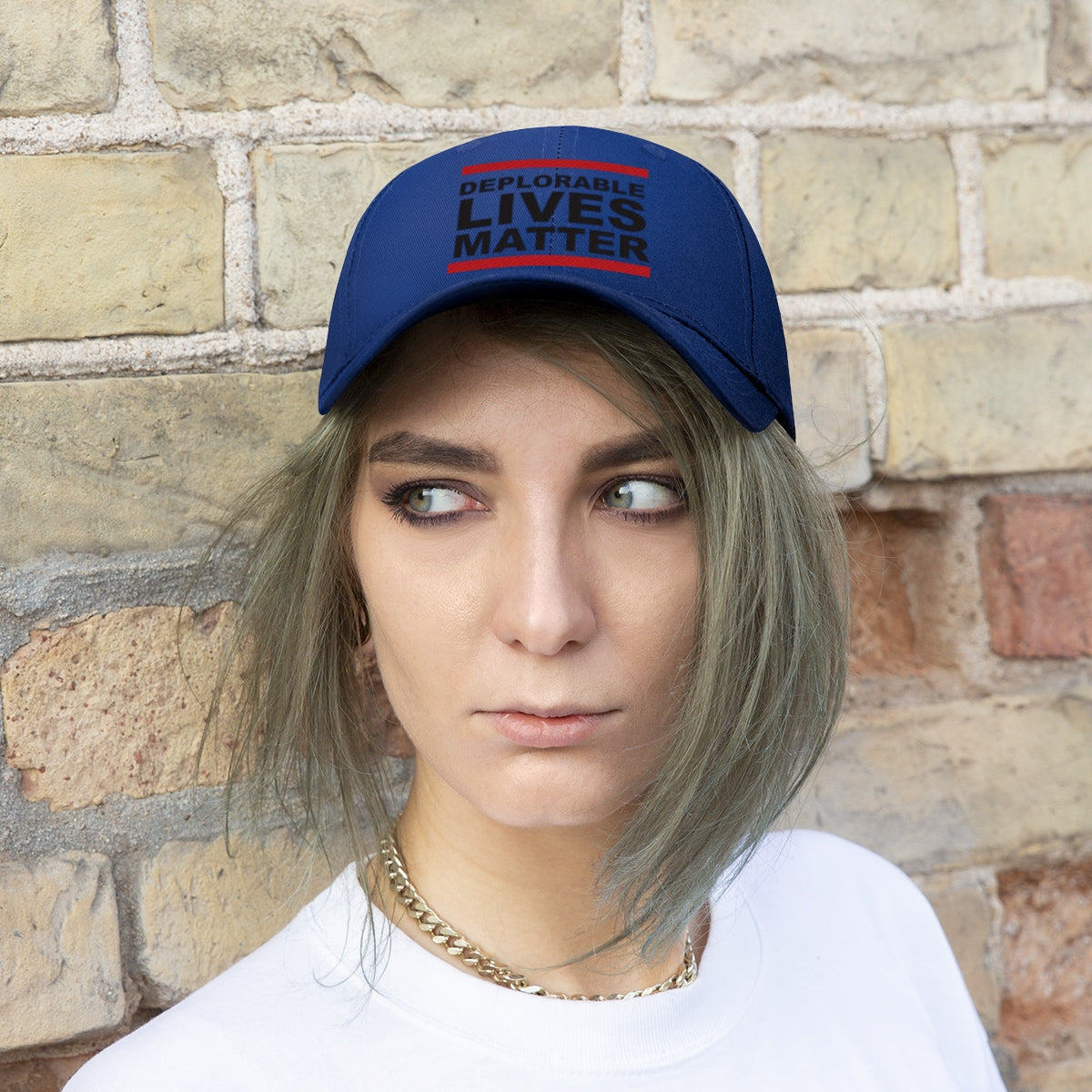 Deplorable Lives Matter Twill Cap worn by a model, showcasing its bold design and statement for passionate patriots.