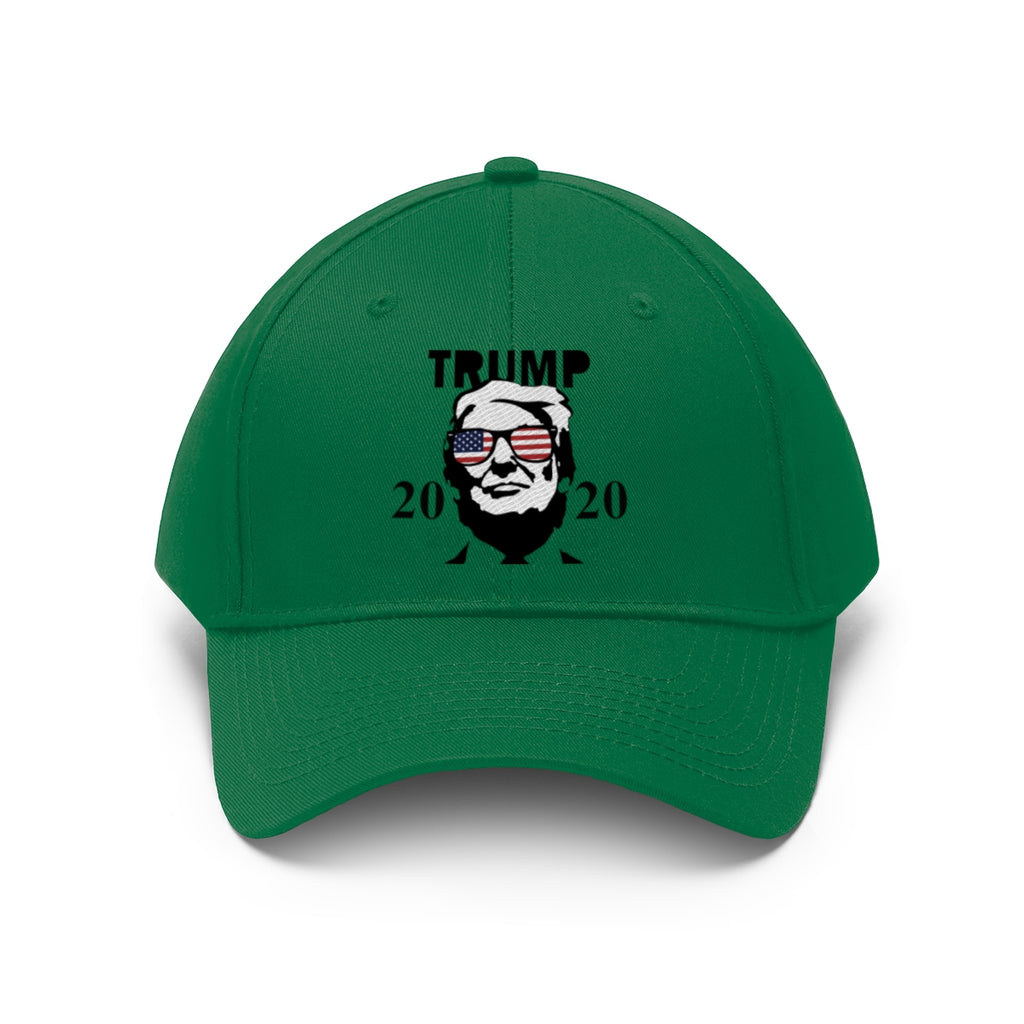 Trump 2020 With US Flag Glasses Twill Cap featuring patriotic design and vibrant green color.