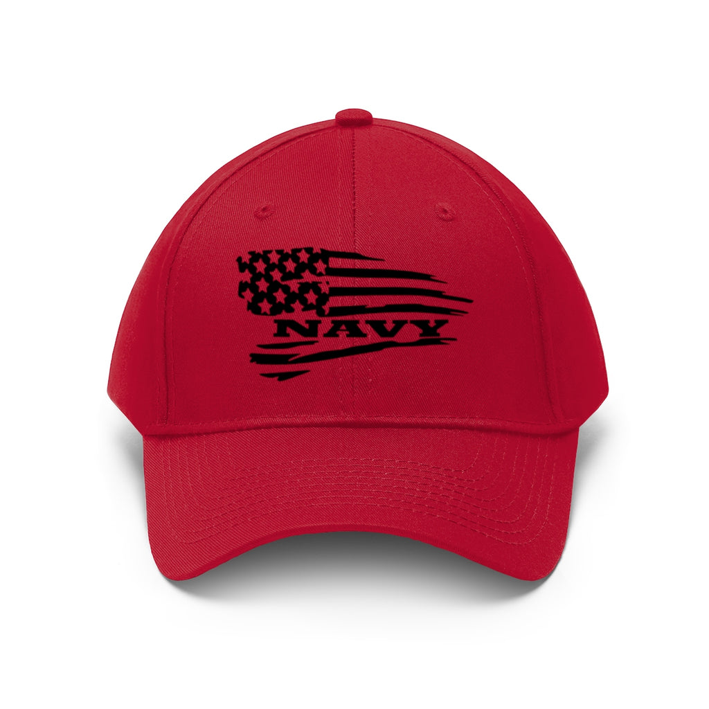 Navy On Distressed American Flag Twill Cap featuring a bold American flag design on a red dad hat.