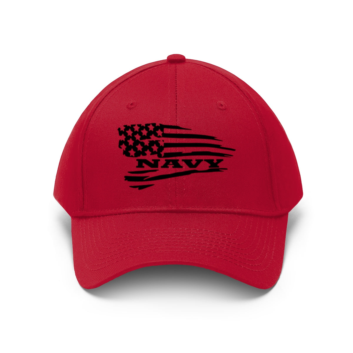Navy On Distressed American Flag Twill Cap featuring a bold American flag design on a red dad hat.
