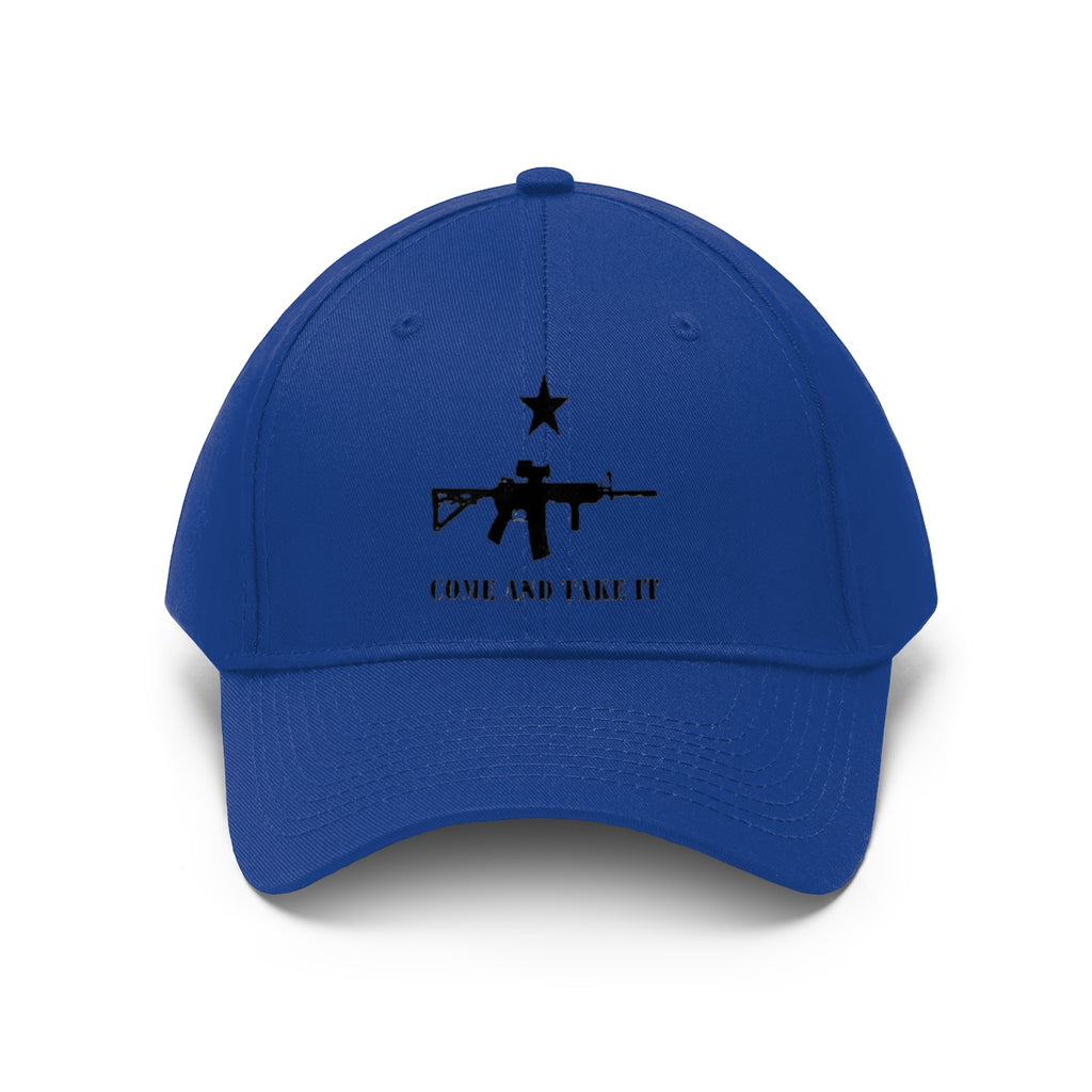Come And Take It Star Over AR-15 Twill Cap showcasing a blue baseball hat with a star and AR-15 design.