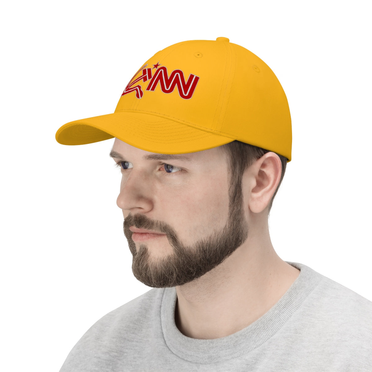 CNN Logo as Hammer and Sickle Twill Cap worn by a man in a yellow dad hat.