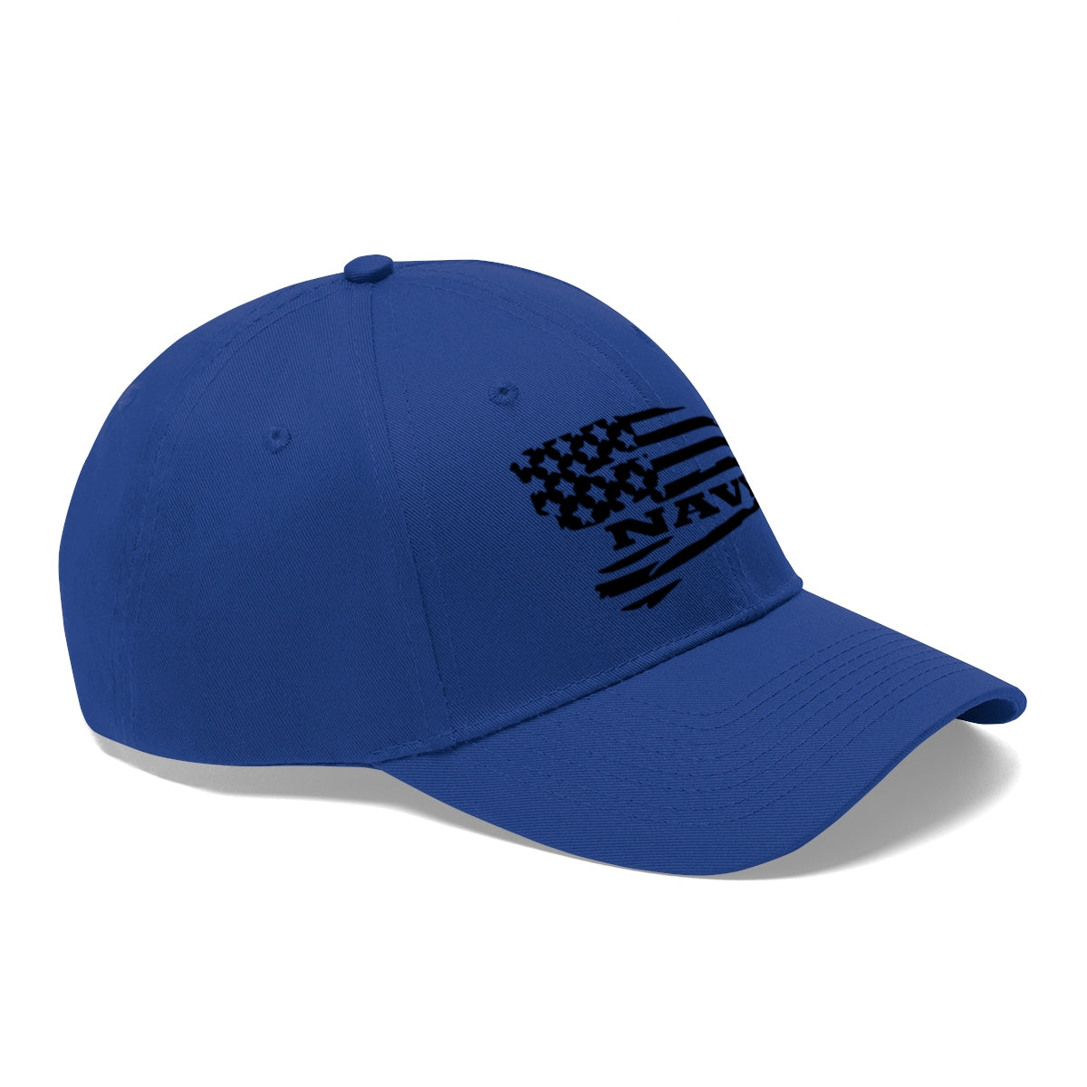 Navy On Distressed American Flag Twill Cap featuring a blue base and American flag design.