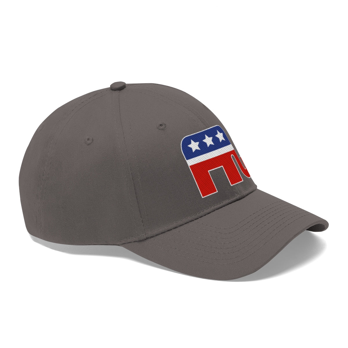 GOP Symbol Twill Cap Patriotic Political Graphic Cap featuring classic GOP elephant logo in red, white, and blue.
