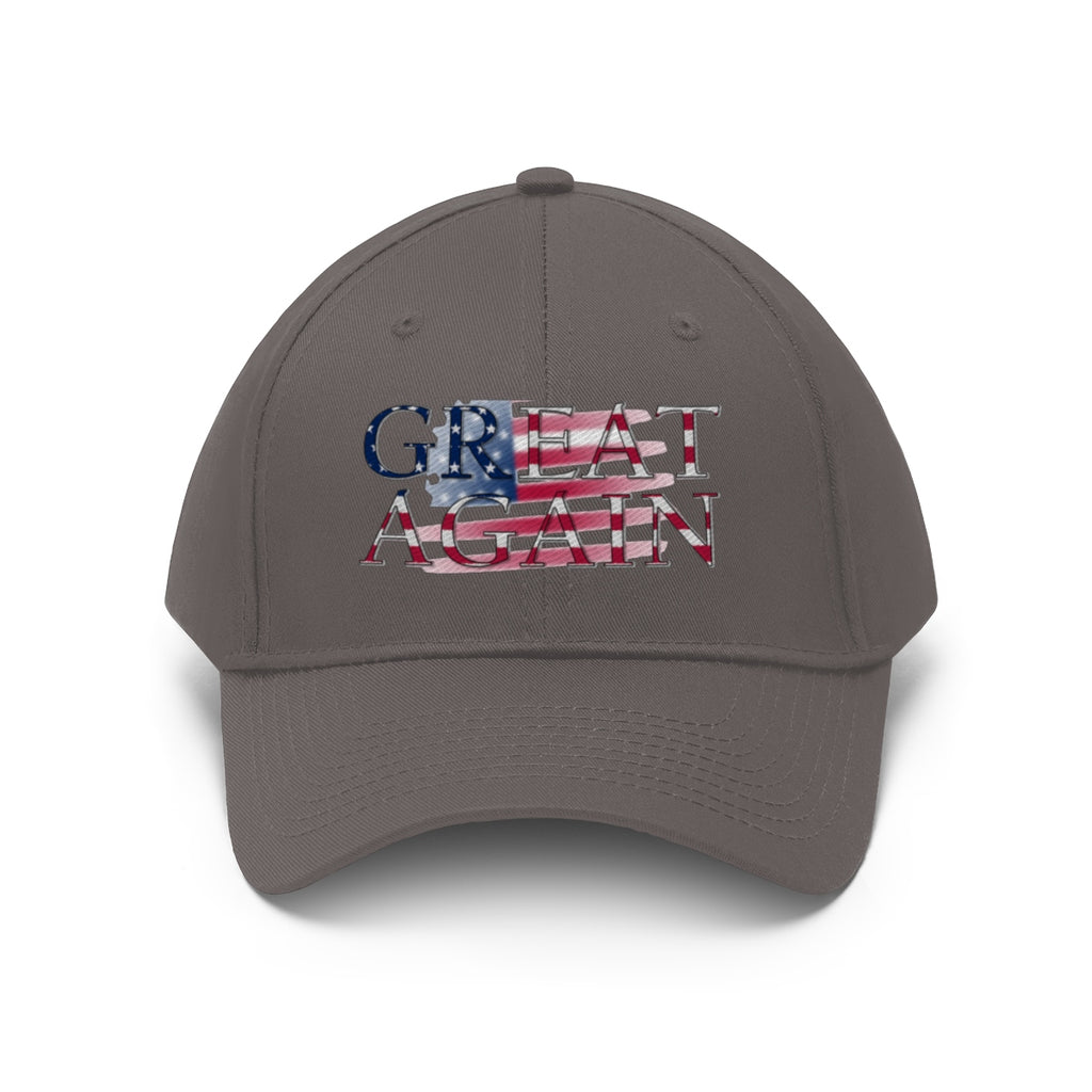 Great Again On Faded American Flag Twill Cap featuring a patriotic design on a gray cap.