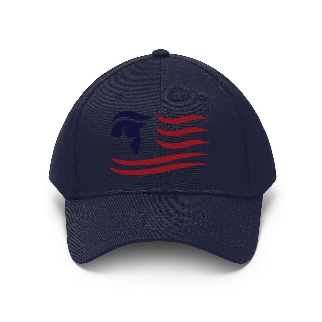 American Flag Twill Cap Trump Classic Patriotic Cap featuring a navy blue design with red stripes and a patriotic emblem.