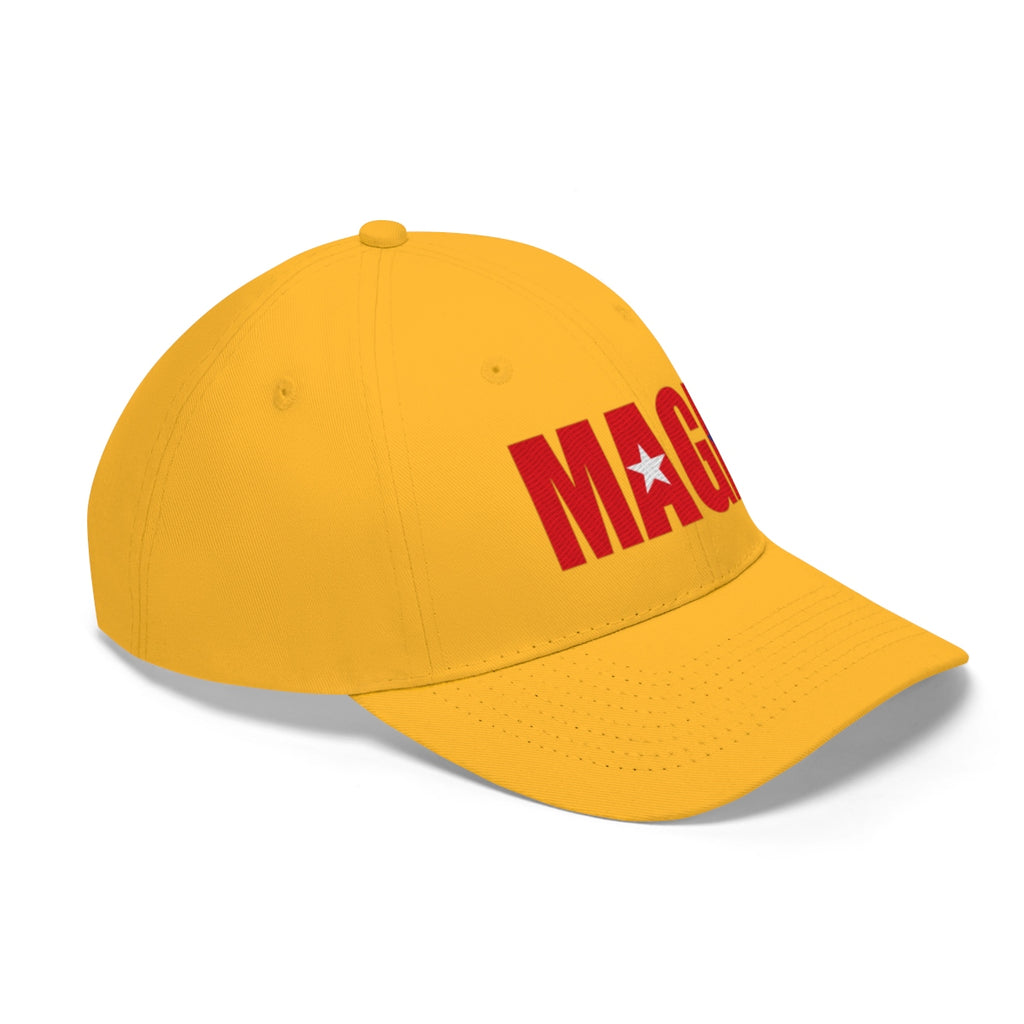 Embroidered MAGA Cotton Twill Cap Design in bright yellow, showcasing a bold political message.