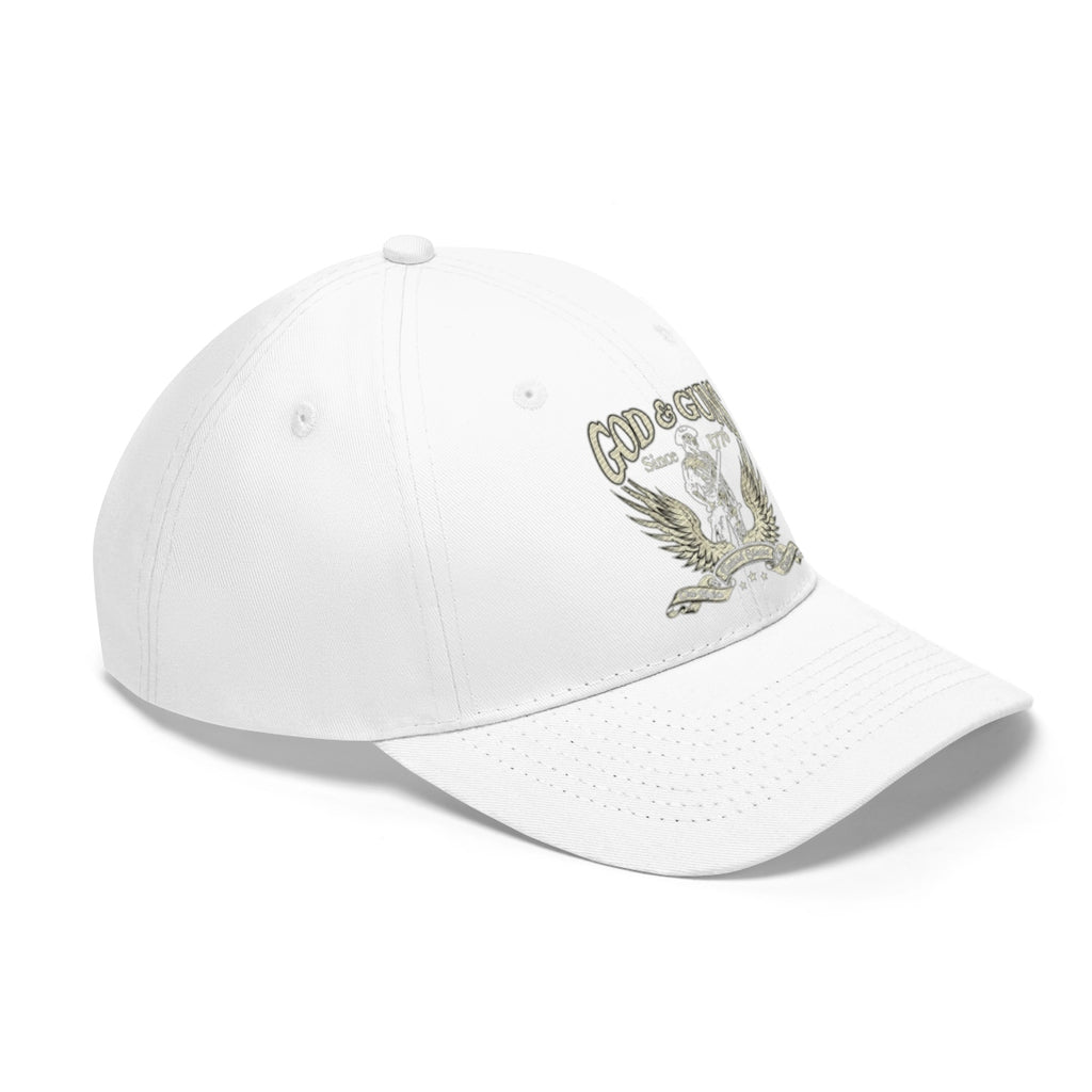 God And Guns Since 1776 Twill Cap featuring a bold design on a white baseball cap.