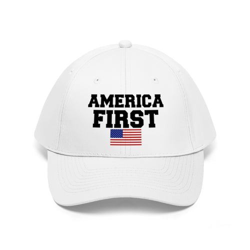 America First Patriotic Twill Cap featuring bold text and an American flag design on a white background.