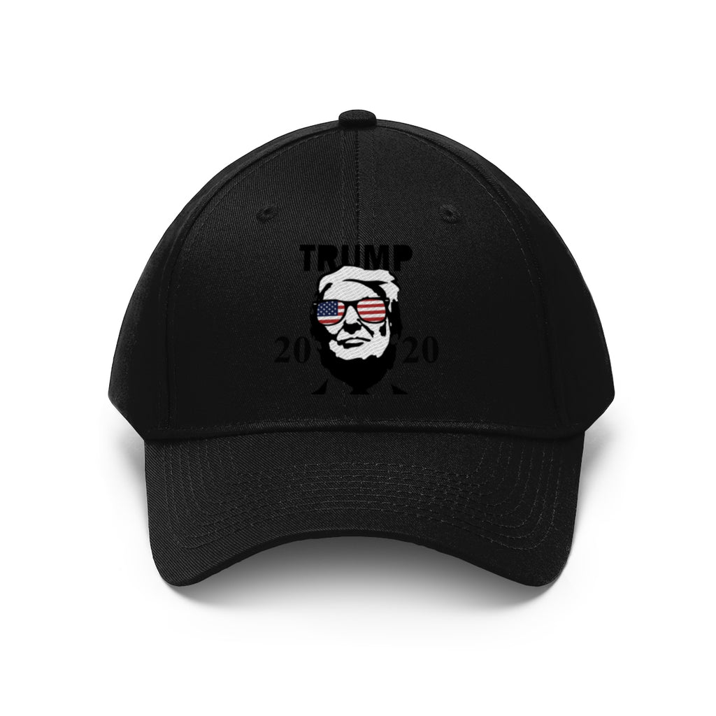 Trump 2020 With US Flag Glasses Twill Cap featuring a bold design and political statement.