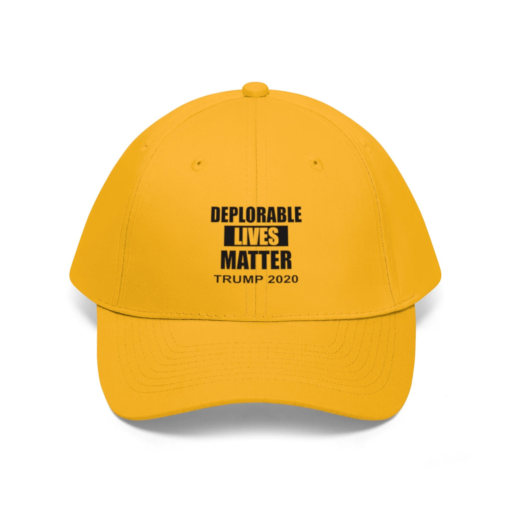 Deplorable Lives Matter Trump 2020 Twill Cap with bold yellow design and statement text for political expression.