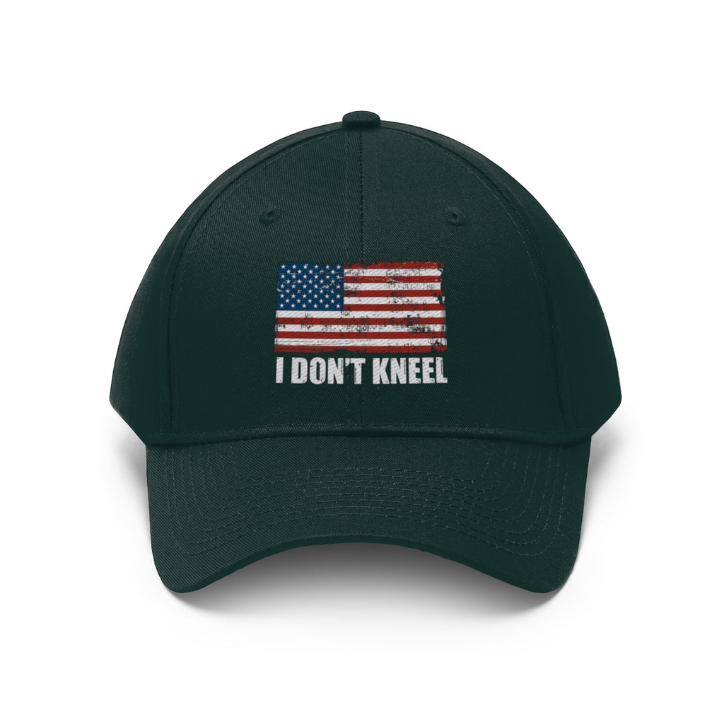 I Don't Kneel American Flag Twill Cap featuring a patriotic design with the American flag.