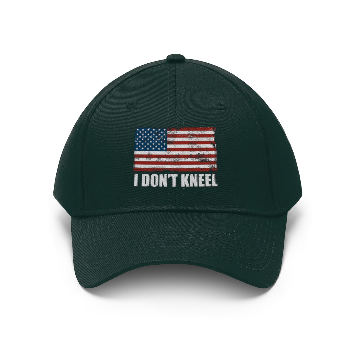 I Don't Kneel American Flag Twill Cap featuring a patriotic design with the American flag.