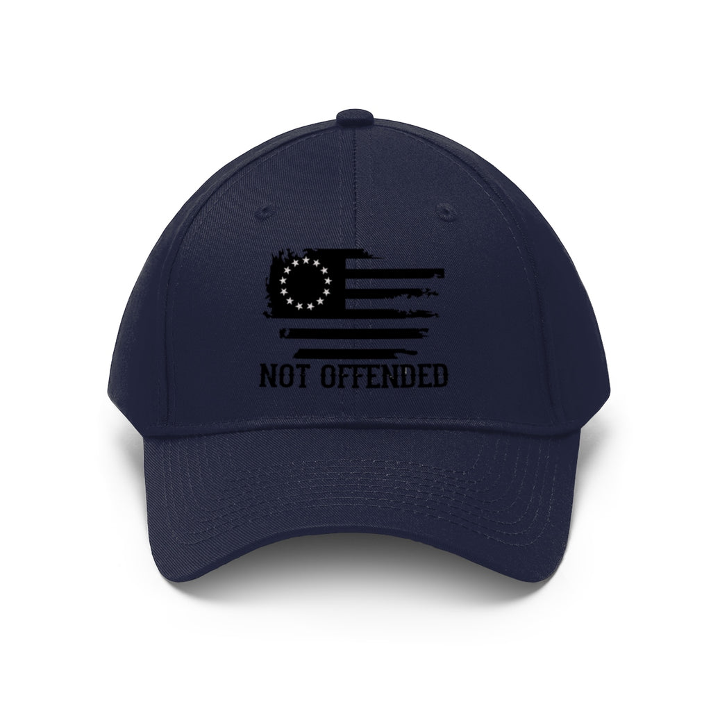 Embroidered Not Offended Casual Twill Hat with flag design and text, showcasing a bold free-speech statement.